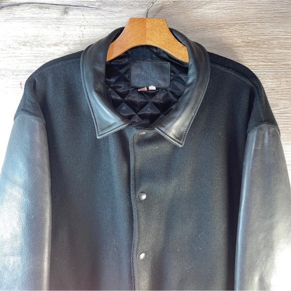 Vintage 90s Black 100% Leather & Wool Letterman Jacket Made in USA Mens XL Long - Picture 3 of 16